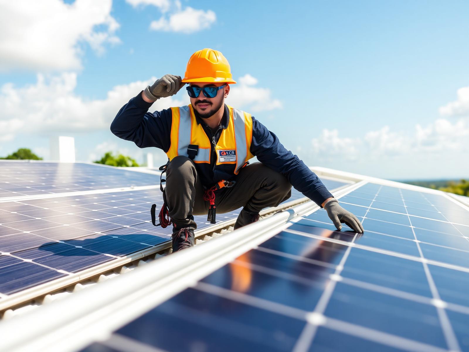 Instalador solar trabajando en el techo